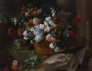 Still Life With Flowers In A Sculpted Urn With Architectural Fragments On A Terrace by Jean-Baptiste Monnoyer