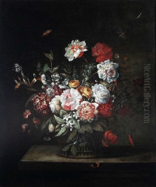 A Study Of Flowers In A Basket On A Shelf With Butterflies And Moths - view 1