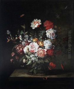 A Study Of Flowers In A Basket On A Shelf With Butterflies And Moths