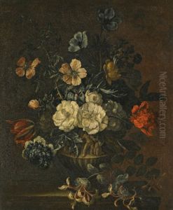 A Still Life With Honeysuckle, Chrysanthenums, A Tulip And Other Flowers In A Stone Vase, On A Stone Ledge