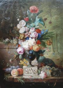 Still Life Of A Bouquet Of Flowers In An Urn On A Ledge With Woodland Beyond