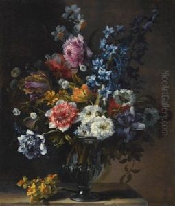 A Still Life With Tulips, A Hyacinth, And Other Flowers In A Glass Vase On A Stone Plinth by Jean-Baptiste Monnoyer