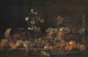 Grapes, Pomegranates, Apples, Lemons, Wicker Baskets And A Sculpted Vase With Flowers On A Ledge