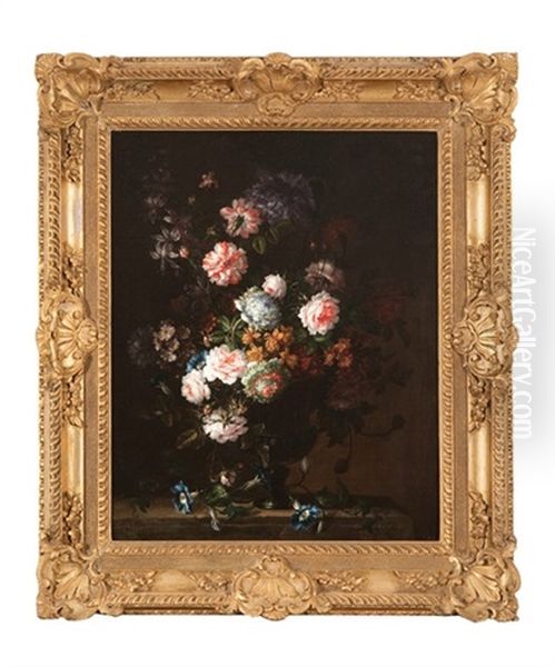 Still Life With Mixed Flowers In A Vase On A Ledge - view 1