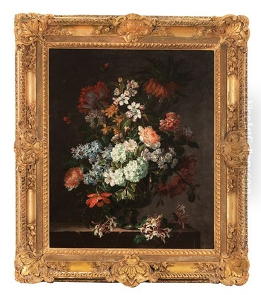 Still Life With Mixed Flowers In A Vase On A Ledge - view 1