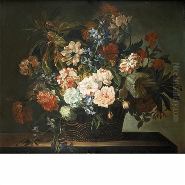 Still Life With Dahlias, Tulips, Carnations And Honeysuckle In A Basket - view 1
