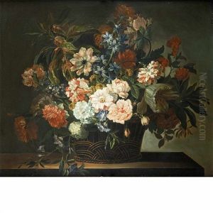Still Life With Dahlias, Tulips, Carnations And Honeysuckle In A Basket by Jean-Baptiste Monnoyer