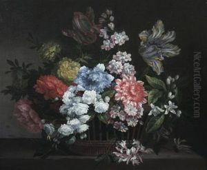 Still Life Of Flowers In A Basket, Including Jasmine, Honeysuckle, Dhalias, Parrot Tulips, Delphiniums, White Carnations And Paeonies by Jean-Baptiste Monnoyer