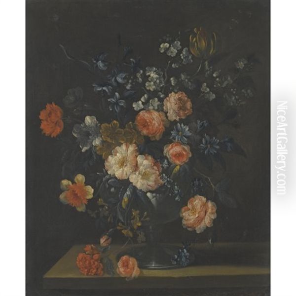 A Still Life With Carnations, Roses And Other Flowers In A Glass Vase Over A Stone Ledge - view 1