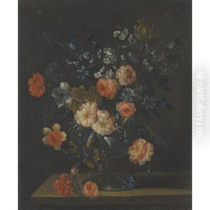 A Still Life With Carnations, Roses And Other Flowers In A Glass Vase Over A Stone Ledge by Jean-Baptiste Monnoyer