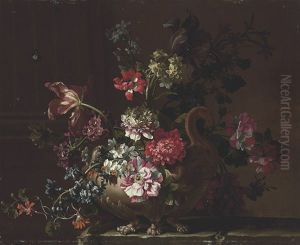 Peonies, Narcissi, Tulips, Hyacinths And Other Flowers In A Teracotta Urn On A Stone Table by Jean-Baptiste Monnoyer
