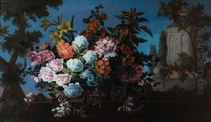 Chrysanthemums, Lilies, Honeysuckle And Other Flowers In A Wicker Basket, On A Stone Ledge Before A Park Landscape