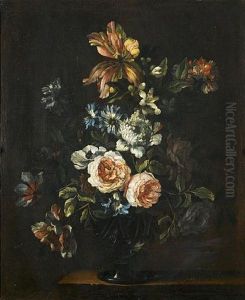 Roses, Tulips, Chrysanthemums And Other Flowers In A Glass Vase