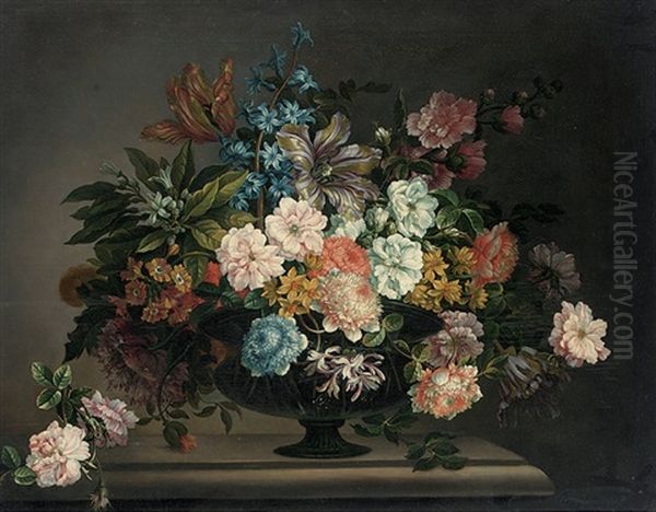 Tulips, Roses, Carnations And Other Flowers In An Urn On A Ledge With A Sprig Of Roses - view 1