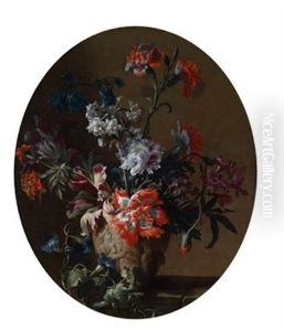 Blumenstillleben In Einer Skulptierten Steinvase