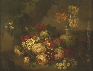 Garden Roses In A Blue Vase by Jean-Baptiste Monnoyer