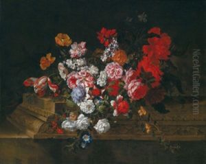 Ein Blumenstillleben Auf Skulptiertem Sockel