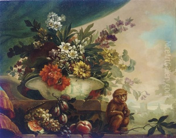Flowers In A Porcelain Bowl, A Melon, Grapes And Other Fruit On A Ledge - view 1