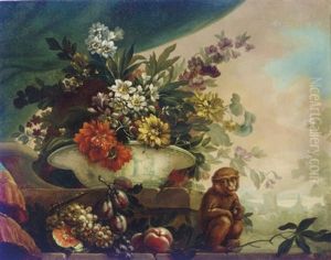 Flowers In A Porcelain Bowl, A Melon, Grapes And Other Fruit On A Ledge