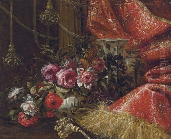Roses In A China Bowl With Other China Vessels On A Table - view 1