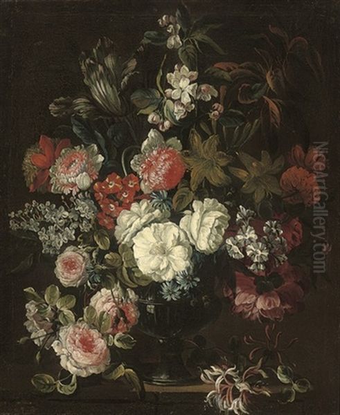 Roses, Chrysanthemums, An Iris, Dianthus And Other Flowers In An Urn - view 1
