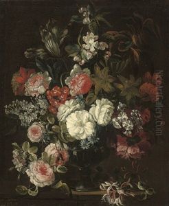 Roses, Chrysanthemums, An Iris, Dianthus And Other Flowers In An Urn