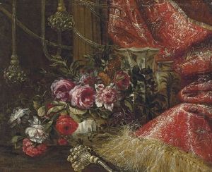 Roses In A China Bowl With Other China Vessels On A Table, Draped With A Curtain Roses In A China Bowl With Other China Vessels On A Table, Draped With A Curtain