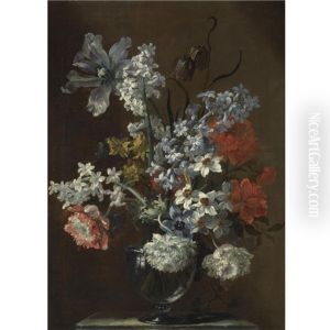 A Still Life With A Tulip, Hyacinths, Daffodils, Snake's Head Fritillary, Opium Poppies And Other Flowers In A Glass Vase On A Stone Ledge by Jean-Baptiste Monnoyer