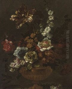 A Parrot Tulip, Chrysanthemums, Stock, Primula, And Other Flowers In A Sculpted Urn On A Ledge