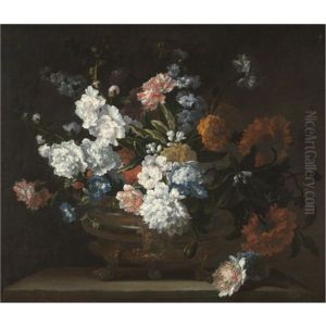 A Still Life Of Flowers Including Peonies, Carnations, Poppies And Auriculae In A Bronze Urn On A Stone Ledge