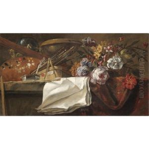 Still Life With Artist's Materials, Including A Used Palette And A Series Of Brushes, Together With A Small Basket Of Flowers On A Table Top