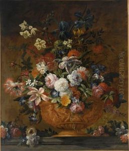 A Still Life With Roses, Tulips, Irisses, Poppy Anemones, Auricula, Hyacinths And Other Flowers, All In A Terracotta Sculpted Vase, On A Stone Ledge by Jean-Baptiste Monnoyer