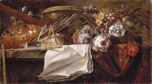 A Basket Of Flowers, A Terracotta Bowl, A Palette, Paint Brushes And Sheets Of Paper by Jean-Baptiste Monnoyer