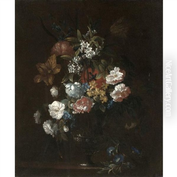 Still Life With Tulips, Carnations, Morning Glory And Various Other Flowers In A Glass Vase - view 1