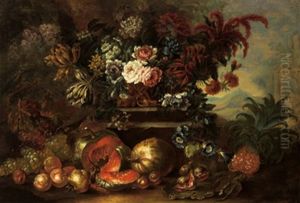Stillleben Mit Blumen In Einer Vergoldeten Prunkvase Auf Einer Steinernen Treppe Und Pfirsichen, Feigen Und Melonen In Einer Landschaft