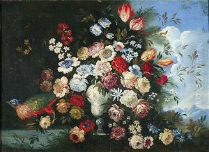 Groser Blumenstraus In Einer Porzellanvase Mit Einem Fasan Vor Einem Landschaftshintergrund