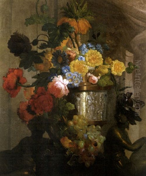 A Bouquet Of Summer Flowers, Rose, Peonies, Tulips, And Others In A Sculpted Silver And Brass Vase - view 1