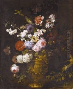 A Still Life Of Roses, Carnations, Hydrangeas And Other Flowers In A Classical Urn, With Birds