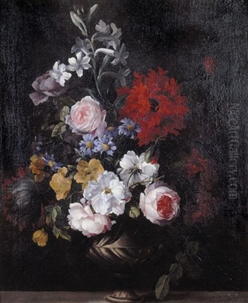 A Still Life Of Flowers Including Roses, Carnations And Lilies In An Urn On A Stone Ledge - view 1