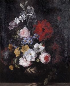 A Still Life Of Flowers Including Roses, Carnations And Lilies In An Urn On A Stone Ledge by Jean-Baptiste Monnoyer