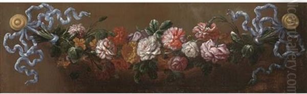 A Swag Of Roses, Carnations And Chrysanthemums, Held By Blue Ribbons - view 1