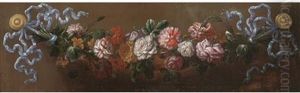 A Swag Of Roses, Carnations And Chrysanthemums, Held By Blue Ribbons