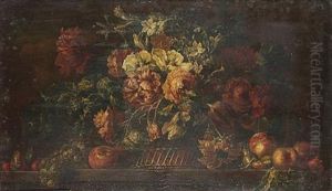Roses, Tulips, Peonies And Other Flowers In A Basket With Peaches On A Table-top