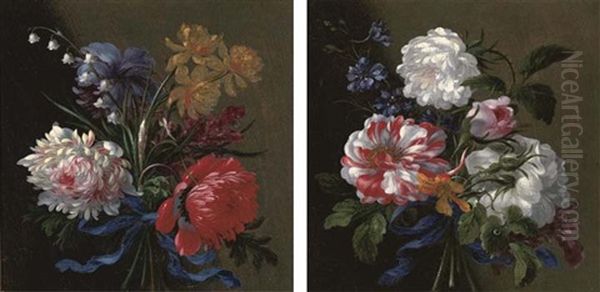 Narcissi, Chrysanthemums And Lily Of The Valley Tied In A Bunch With A Blue Ribbon (+ Roses And Delphinium Tied In A Bunch With A Blue Ribbon; Pair) - view 1