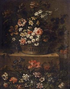 Roses, Daffodils, Tulips And Other Flowers In A Basket On A Stone Ledge, Together With Tulips, Anemones, Hyacinths And Other Flowers Below by Jean-Baptiste Monnoyer