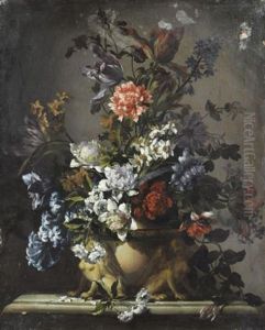 Bouquets De Fleurs Dans Des Vases Ornes Sur Des Entablements (pair)