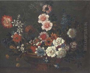 Flowers In A Wicker Basket On A Ledge thumbnail