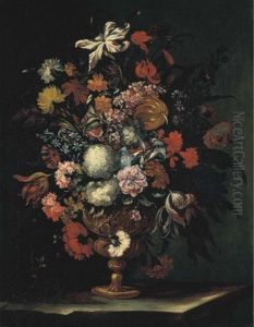 Rose, Tulipani, Boules De Neige, Giacinti, Garofani, Gigli E Altri Fiori In Un Vaso, Su Un Piano Di Pietra by Jean-Baptiste Monnoyer