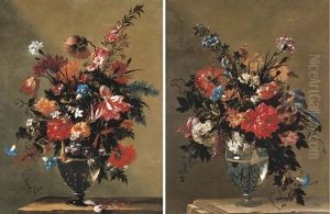 Peonies, Bluebells, Carnations And Other Flowers In A Glass Vase On A Stone Ledge (+ Peonies, Irises And Tulips In A Glass Vase On A Stone Ledge; Pair) by Jean-Baptiste Monnoyer
