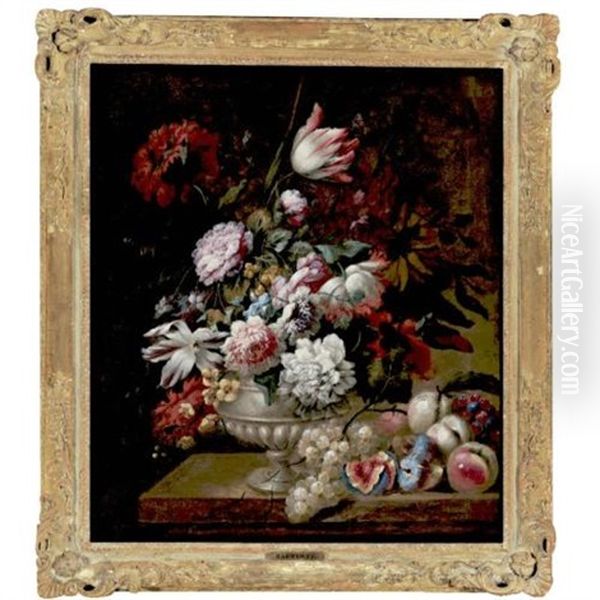 Still Life Of Tulips, Roses, Peonies, Poppies And Other Flowers In A Vase Resting On A Table With Figs, Grapes And Peaches - view 1